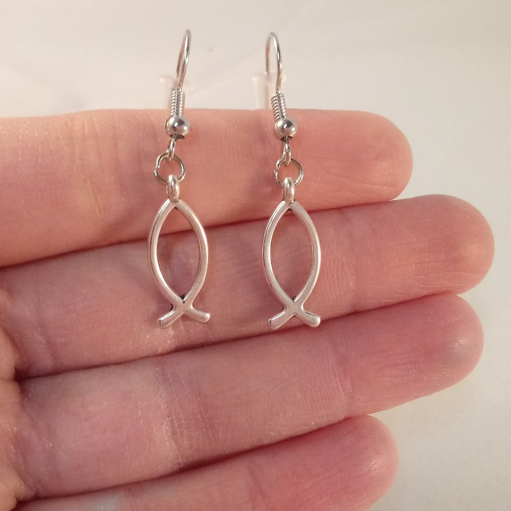 Mens Silver Plated Jesus Fish Dangle Earrings Hypoallergenic Party Gift